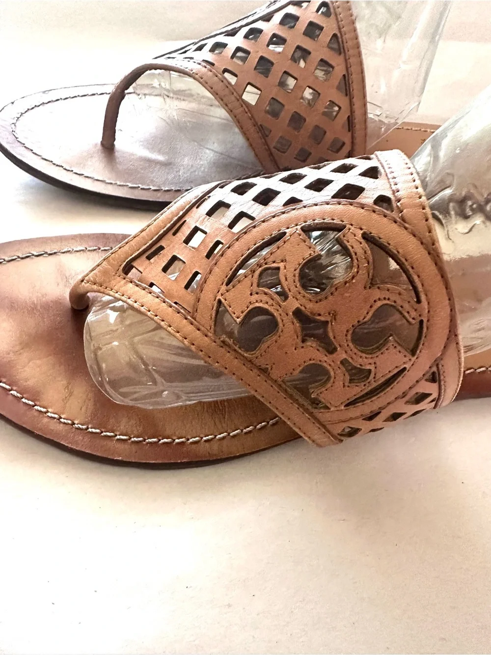Tory Burch Tan Leather Cutout Thong Sandals